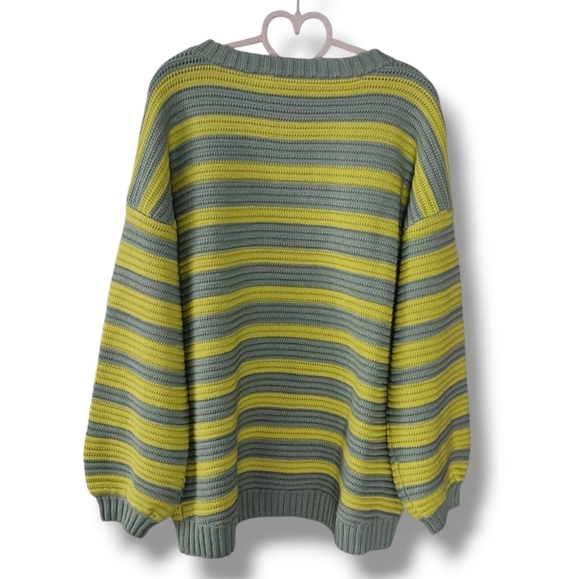 NEW Free People Links Pullover Oversized Sweater Yellow/Grey Stripe Combo Medium - Picture 5 of 7